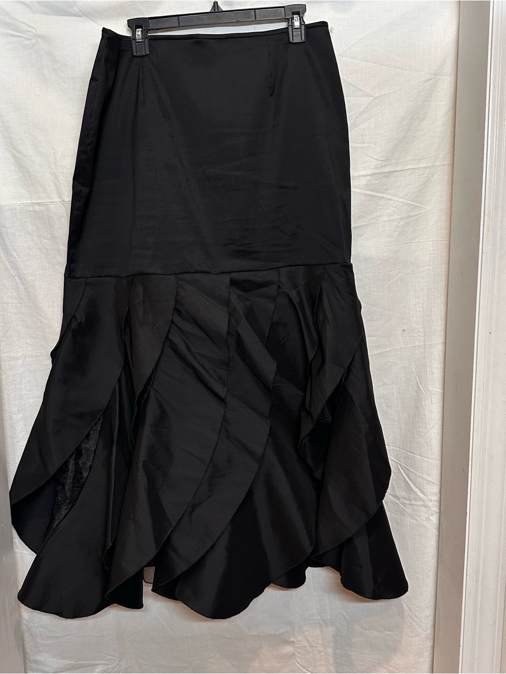 KM Collections by Milla Bell Black Satin Tiered Ruffle Mermaid Maxi Skirt 14